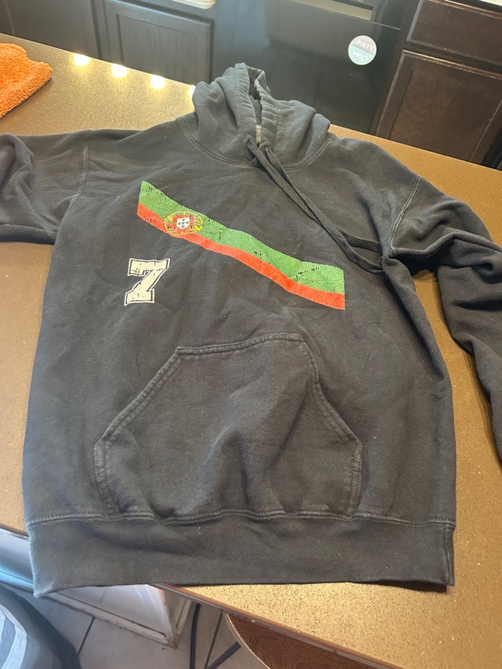 Black Pullover Hoodie with Green and Red Stripe and Crest